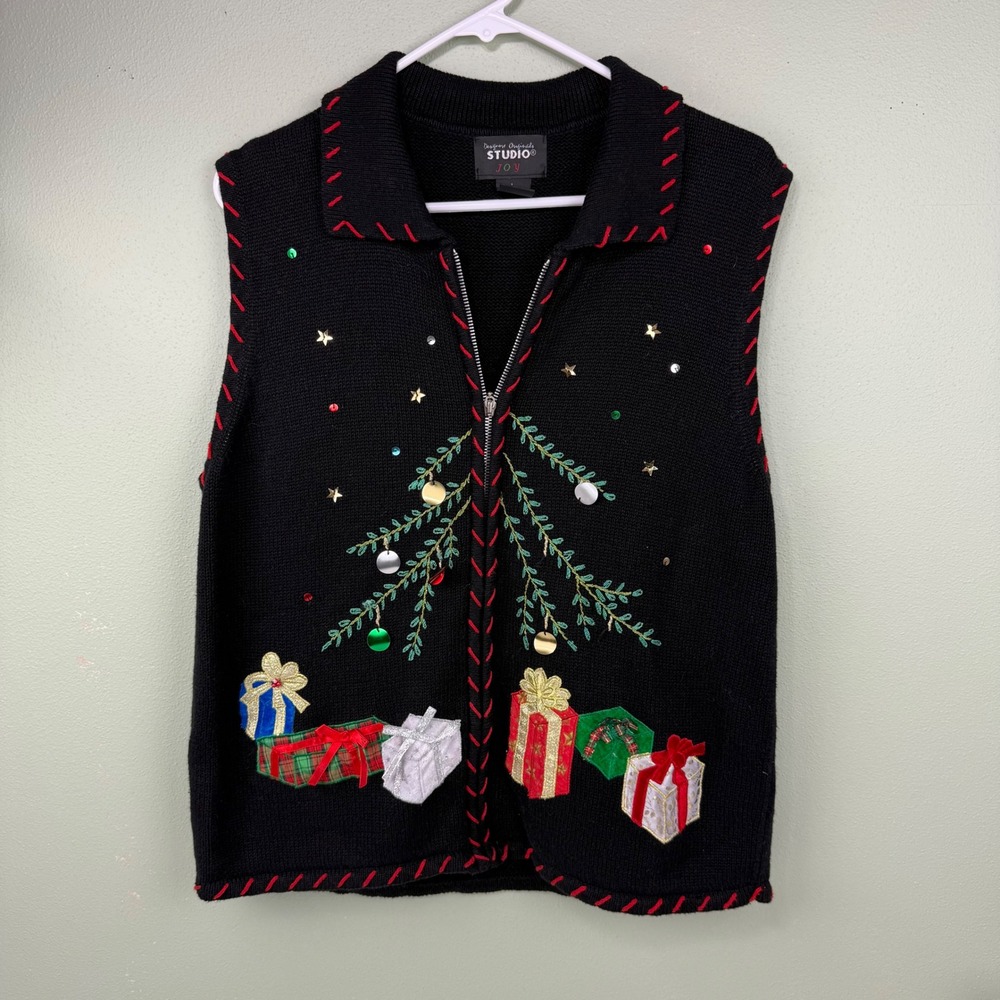Designers Originals‎ Studio Joy Christmas Sweater Vest Black Zip Front Large